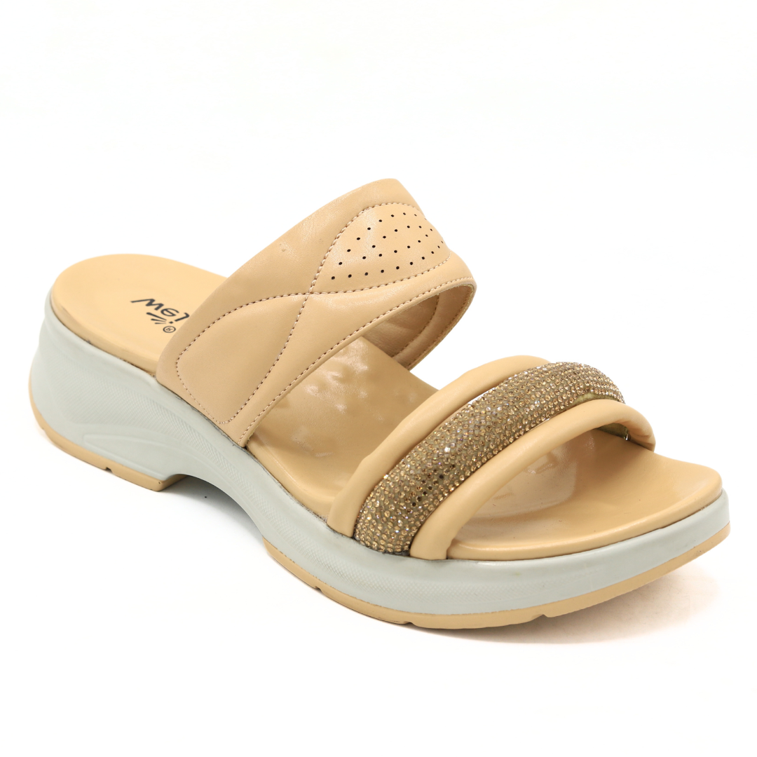 Beige Embellished Wedge Slides for Women - 8003383