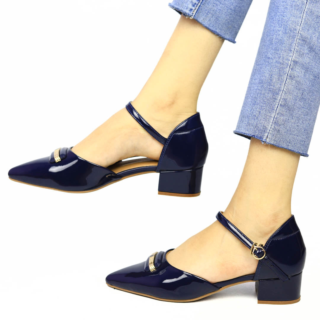 Navy Pointed Toe Block Heels - 8102102