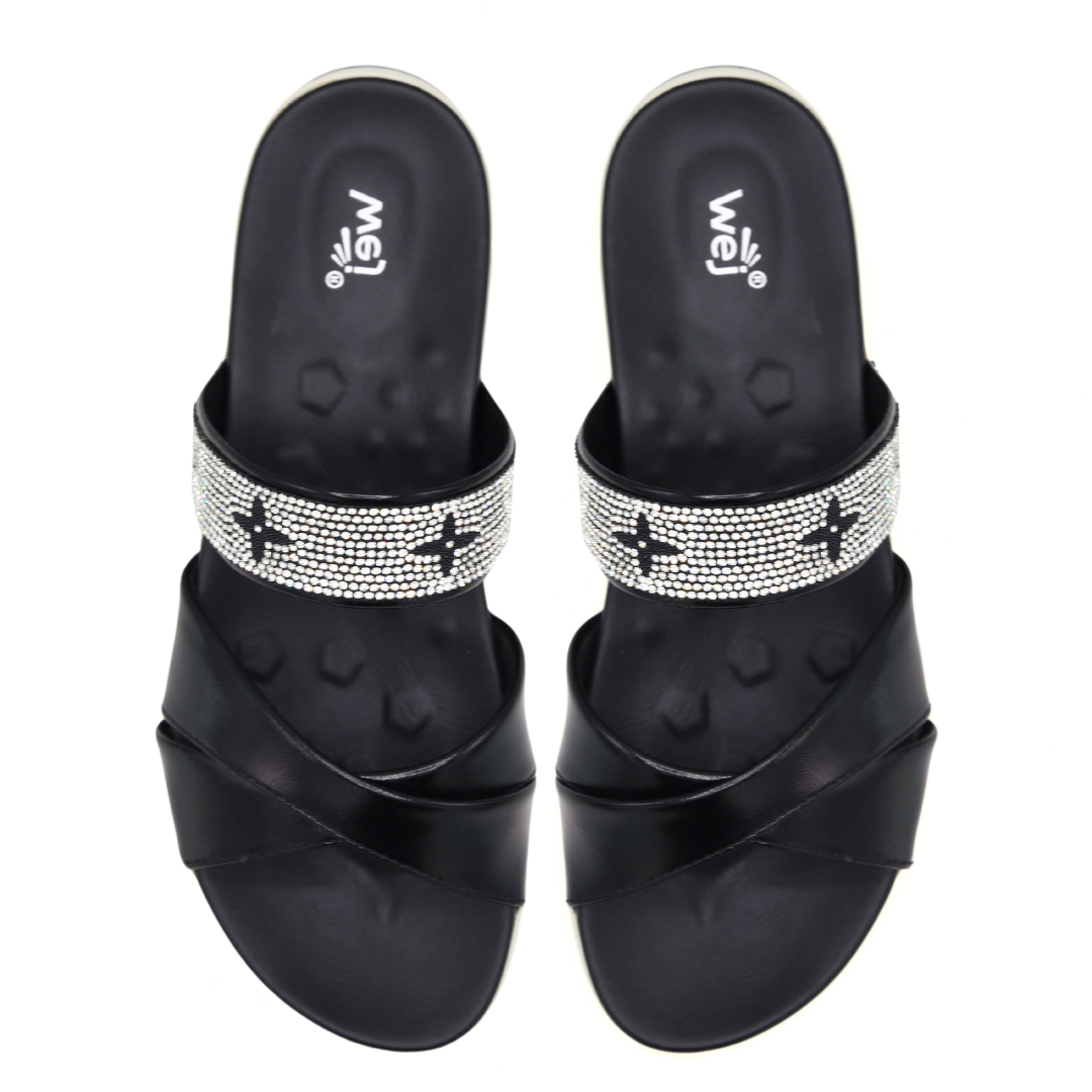 Black Star Embellished Slides for Women - 8003316