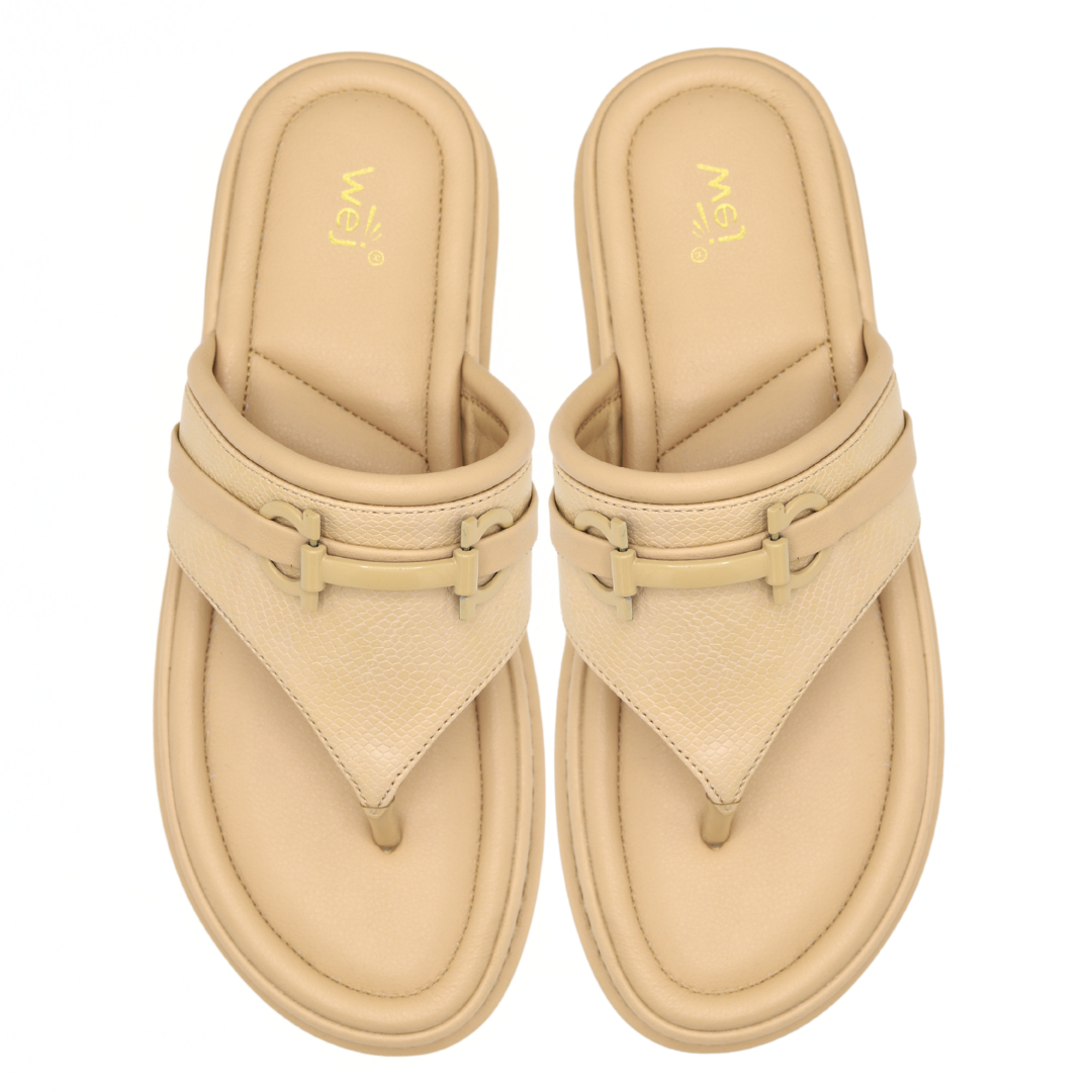 Beige Casual Leather Flip-Flops - 800177