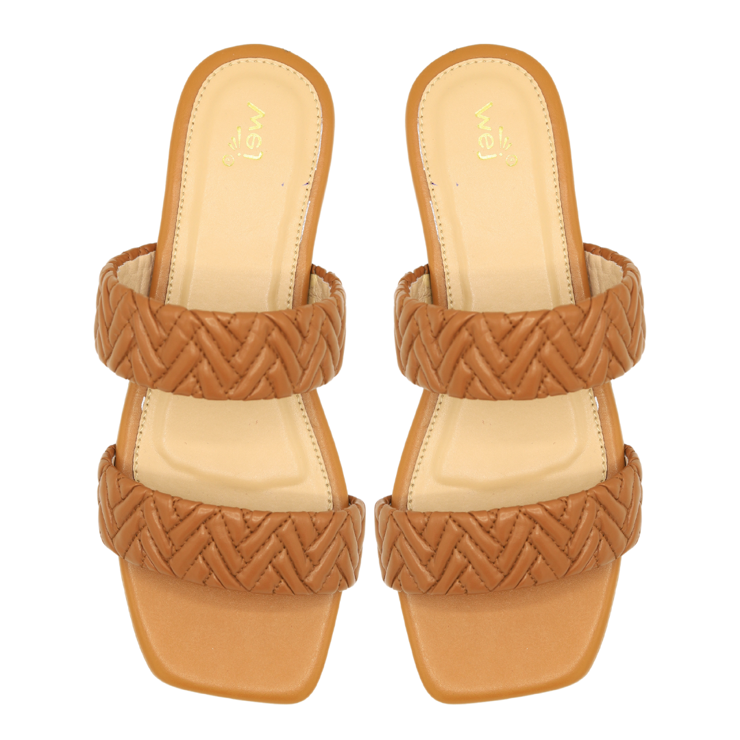 Tan Braided Double-Strap Flat Slipper - 8003409