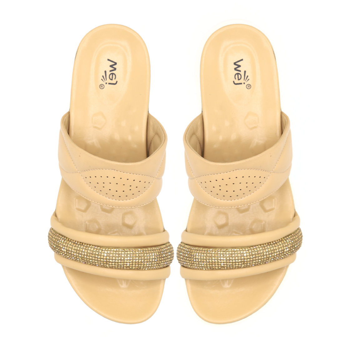 Beige Embellished Wedge Slides for Women - 8003383