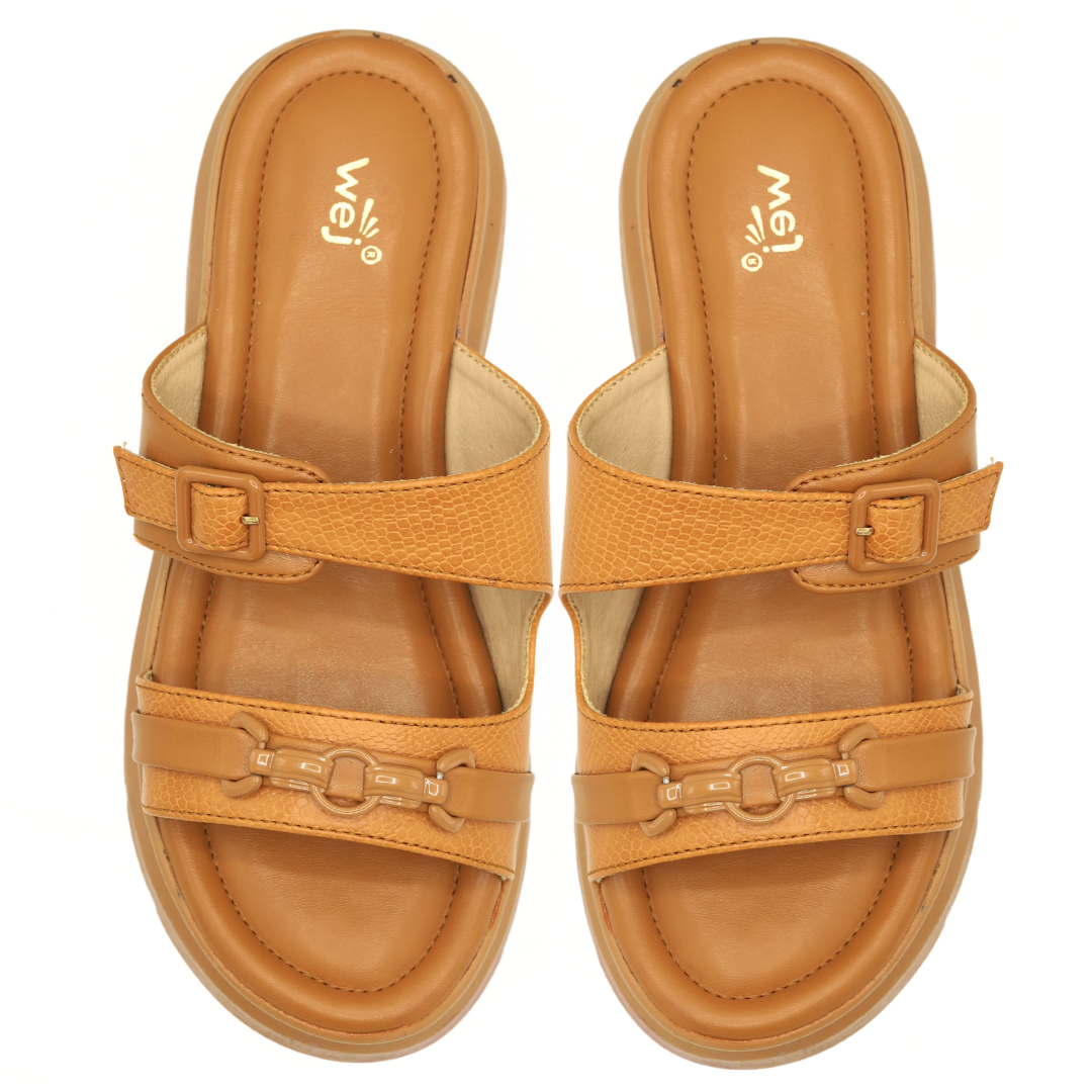 Women Chunky Sole Tan Slide Sandals - 8003301