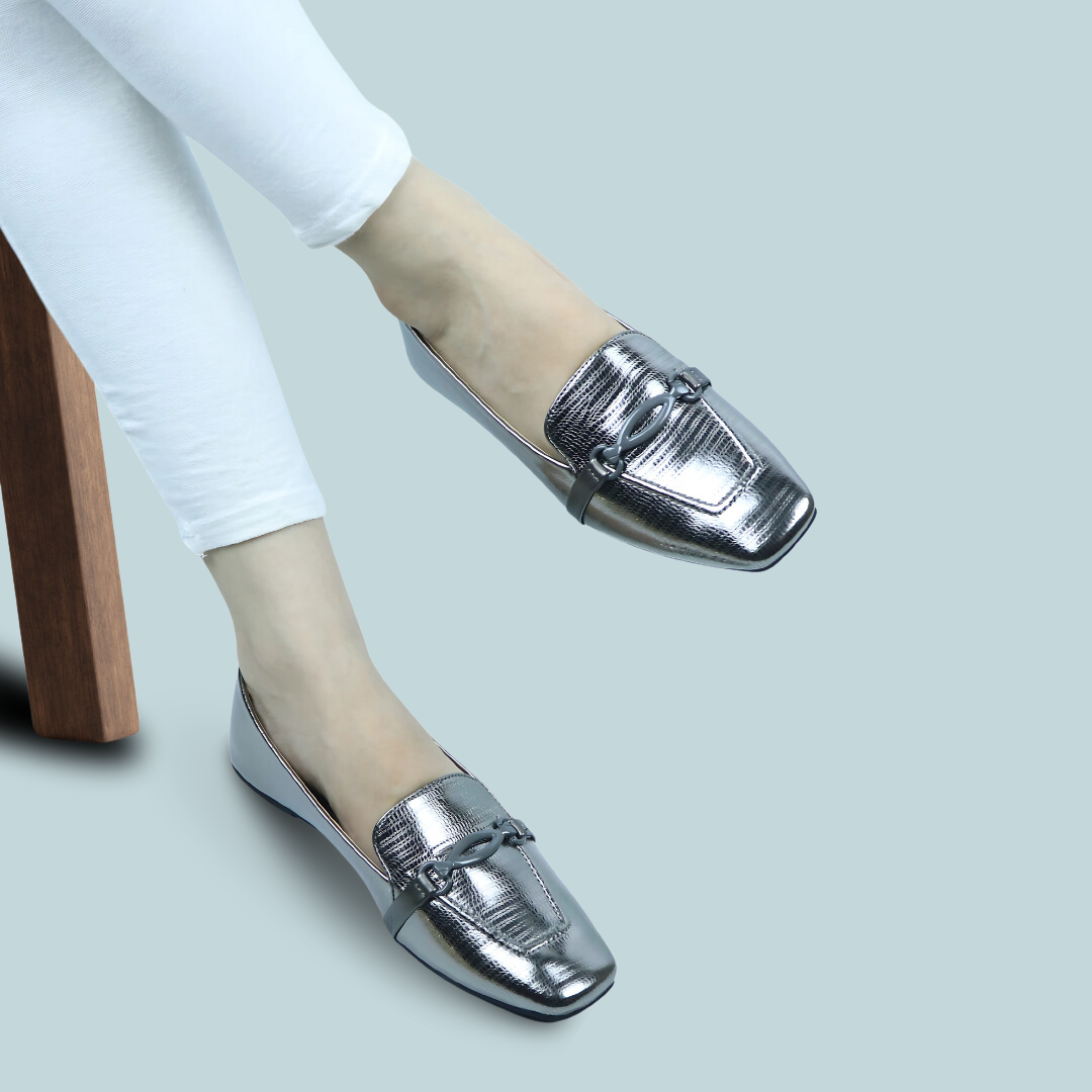 Gray Metallic Loafers-Women Flat Shoes / 8006209