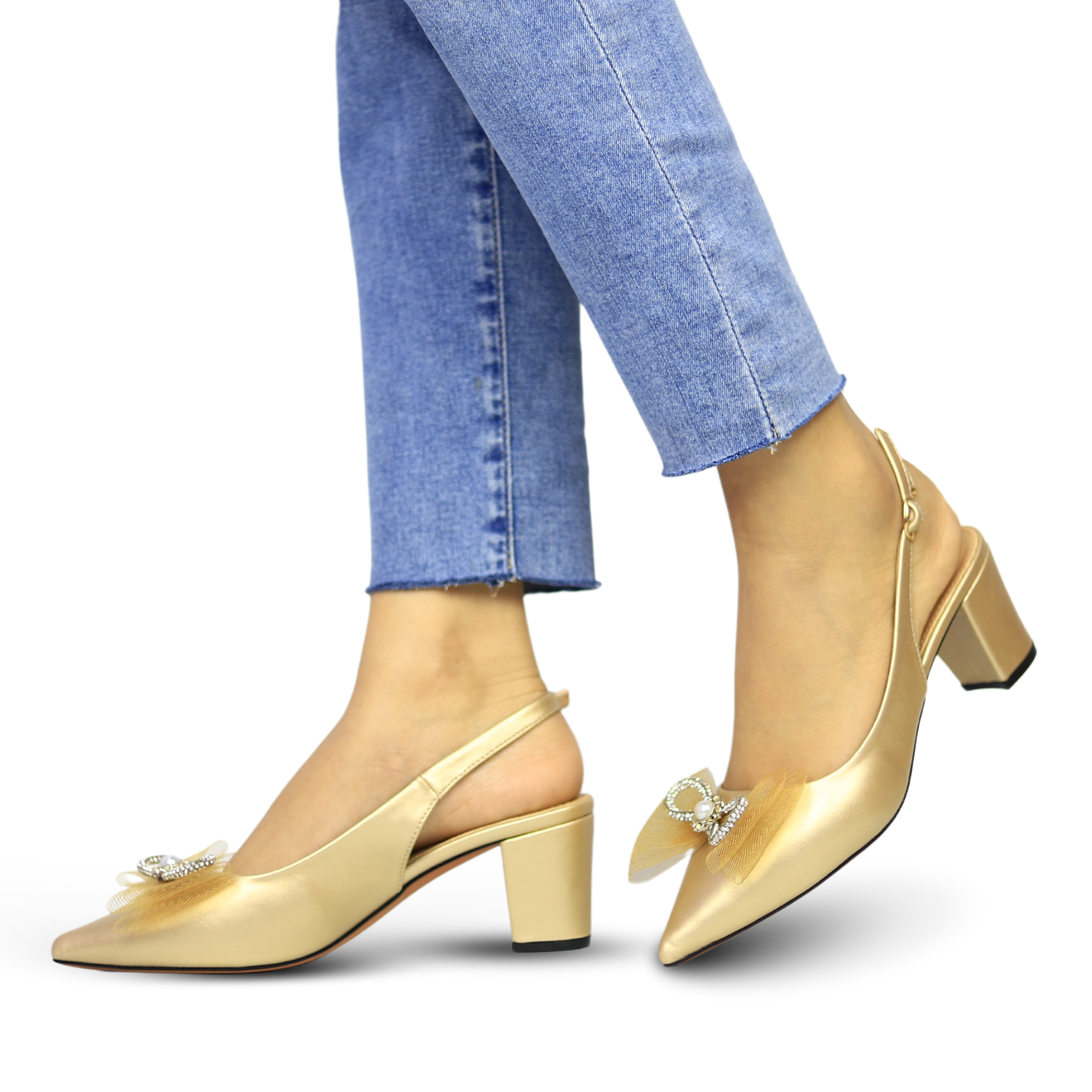 Gold Sling Back Block Heels / 8102149