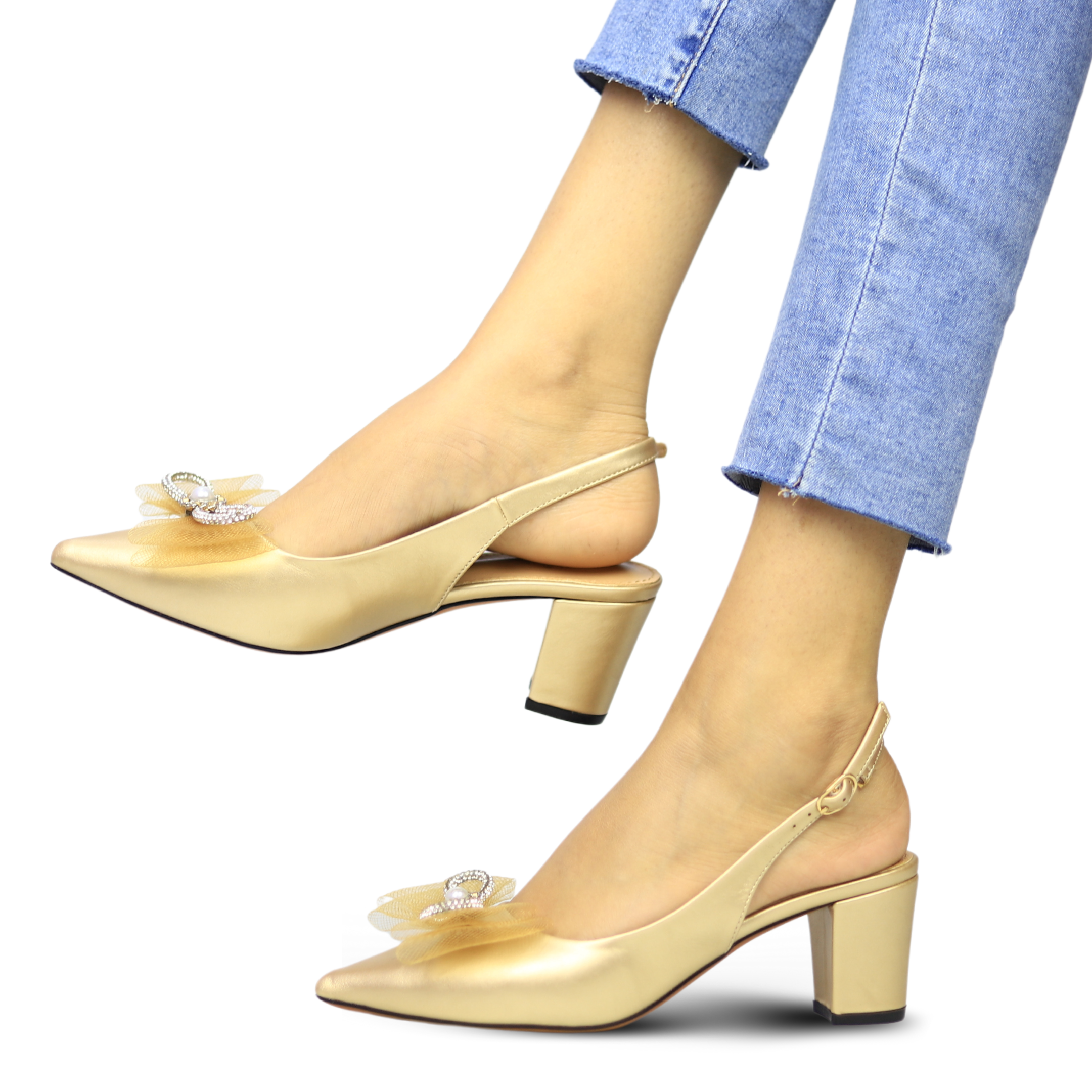 Gold Sling Back Block Heels / 8102149